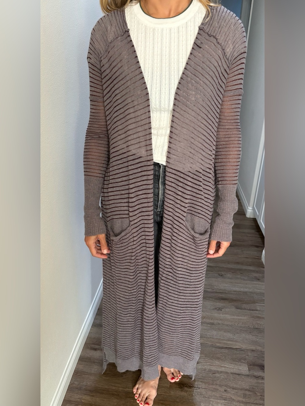 Free People Long Striped Open-Front Cardigan in Taupe and Dark Brown - Picture 2 of 12